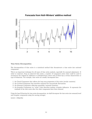 Forecasts from Holt−Winters' additive method
2 4 6 8 10
400000055000007000000
Time Series Decomposition
The decomposition of time series is a statistical method that deconstructs a time series into notional
components.
This is an important technique for all types of time series analysis, especially for seasonal adjustment. It
seeks to construct, from an observed time series, a number of component series (that could be used to
reconstruct the original by additions or multiplications) where each of these has a certain characteristic or
type of behaviour. For example, time series are usually decomposed into:
1. the Trend Component that reﬂects the long term progression of the series (secular variation)
2. the Cyclical Component that describes repeated but non-periodic ﬂuctuations
3. the Seasonal Component reﬂecting seasonality (seasonal variation)
4. the Irregular Component (or “noise”) that describes random, irregular inﬂuences. It represents the
residuals of the time series after the other components have been removed.
Using the base R function for time series decomposition, we shall decompose the time series into seasonal,trend
and irregular components using the moving averages.
[source: wikipedia]
14
 