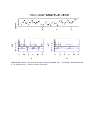 Time series display output with ACF and PACF
2 4 6 8
4000000
0 10 20 30 40 50
−0.40.00.4
Lag
ACF
0 10 20 30 40 50
−0.40.00.4
Lag
PACF
As we can see from the above ACF curve there is signiﬁcant seasonal lags. To incorporate these seasonal lags
in our model we need to perform seasonal diﬀerencing.
4
 