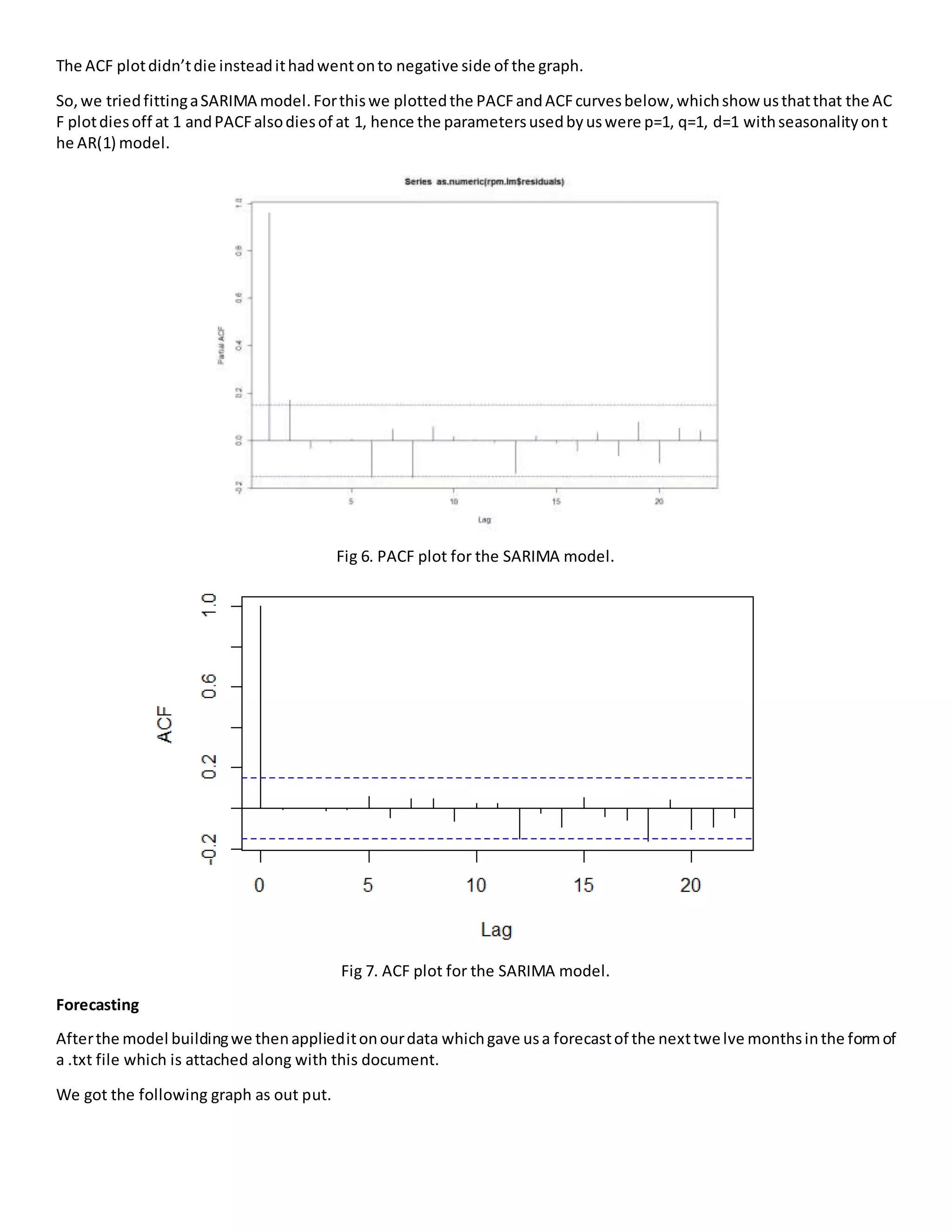 The ACF plotdidn’tdie insteadithadwentonto negative side of the graph.
So,we triedfittingaSARIMA model.Forthiswe plottedthe PACFandACFcurvesbelow,whichshow usthatthat the AC
F plotdiesoff at 1 andPACFalsodiesof at 1, hence the parametersusedbyuswere p=1, q=1, d=1 withseasonalityont
he AR(1) model.
Fig 6. PACF plot for the SARIMA model.
Fig 7. ACF plot for the SARIMA model.
Forecasting
Afterthe model buildingwe thenapplieditonourdata whichgave usa forecastof the nexttwelve monthsinthe formof
a .txt file which is attached along with this document.
We got the following graph as out put.
 