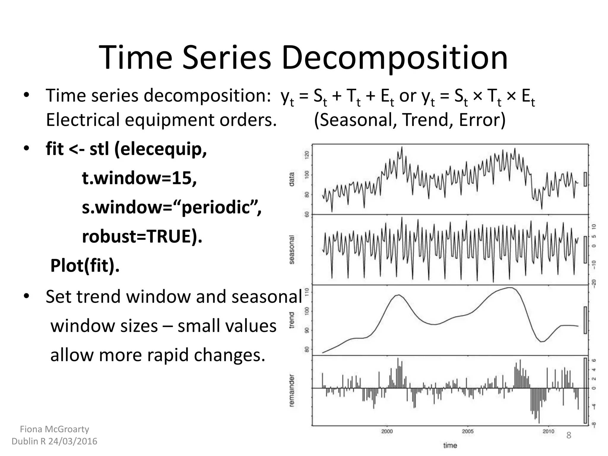 Time Series Decomposition
• fit <- stl (elecequip,
t.window=15,
s.window=“periodic”,
robust=TRUE).
Plot(fit).
• Time series decomposition: yt = St + Tt + Et or yt = St × Tt × Et
Electrical equipment orders. (Seasonal, Trend, Error)
• Set trend window and seasonal
window sizes – small values
allow more rapid changes.
8
Fiona McGroarty
Dublin R 24/03/2016
 