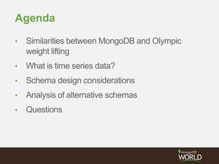 Agenda
• Similarities between MongoDB and Olympic
weight lifting
• What is time series data?
• Schema design considerations
• Analysis of alternative schemas
• Questions
 