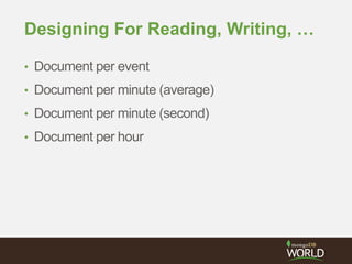 Designing For Reading, Writing, …
• Document per event
• Document per minute (average)
• Document per minute (second)
• Document per hour
 