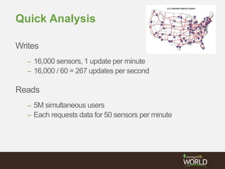 Quick Analysis
Writes
– 16,000 sensors, 1 update per minute
– 16,000 / 60 = 267 updates per second
Reads
– 5M simultaneous users
– Each requests data for 50 sensors per minute
 