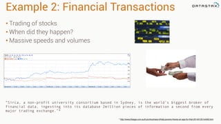 Example 2: Financial Transactions
• Trading of stocks
• When did they happen?
• Massive speeds and volumes
“Sirca, a non-profit university consortium based in Sydney, is the world’s biggest broker of
financial data, ingesting into its database 2million pieces of information a second from every
major trading exchange.”*
* http://www.theage.com.au/it-pro/business-it/help-poverty-theres-an-app-for-that-20140120-hv948.html
 