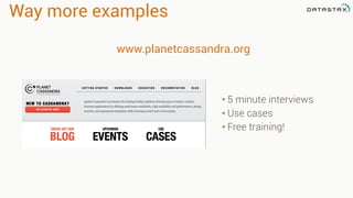 Way more examples
• 5 minute interviews
• Use cases
• Free training!
!
www.planetcassandra.org
 