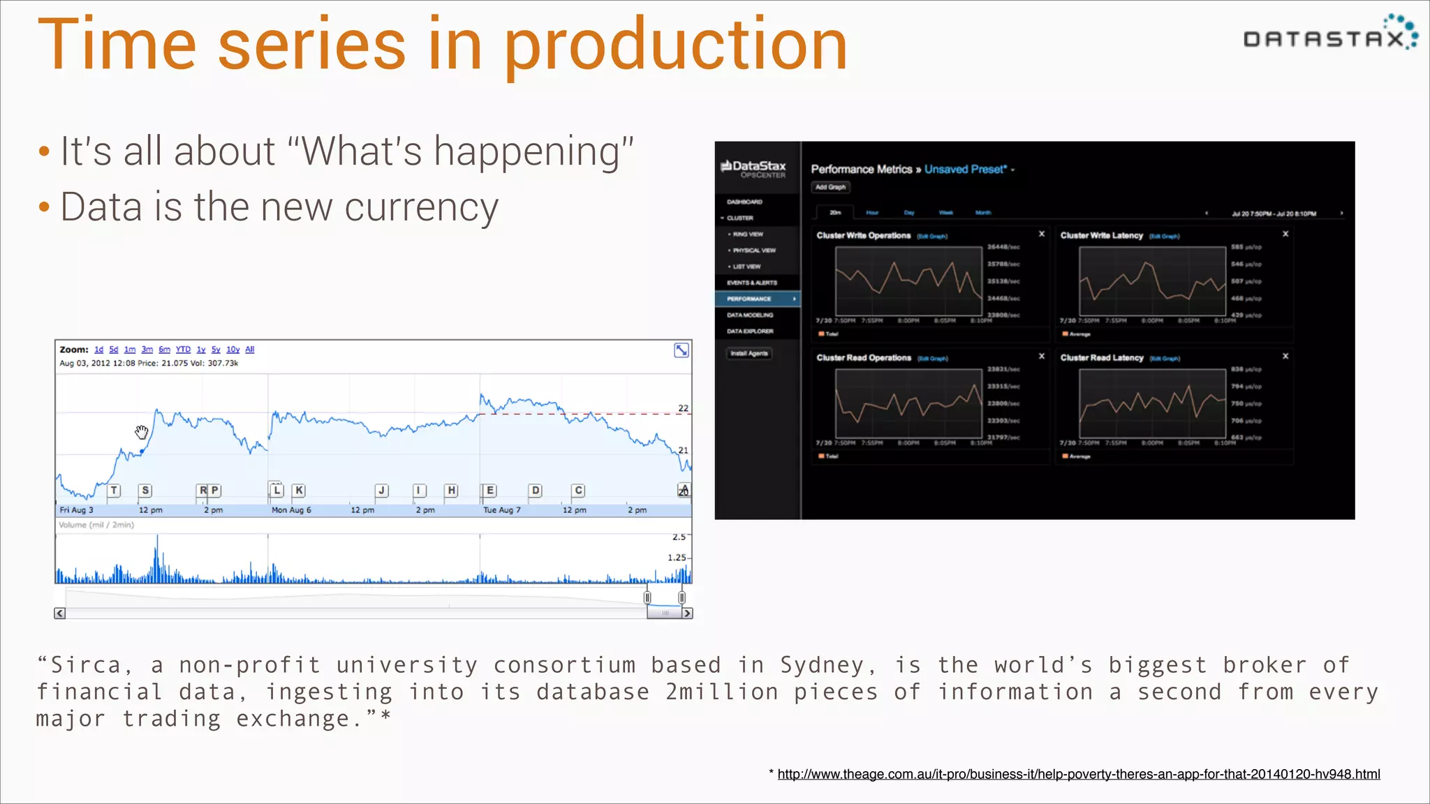 Time series in production
• It’s all about “What’s happening”
• Data is the new currency

“Sirca, a non-profit university consortium based in Sydney, is the world’s biggest broker of
financial data, ingesting into its database 2million pieces of information a second from every
major trading exchange.”*
* http://www.theage.com.au/it-pro/business-it/help-poverty-theres-an-app-for-that-20140120-hv948.html

 