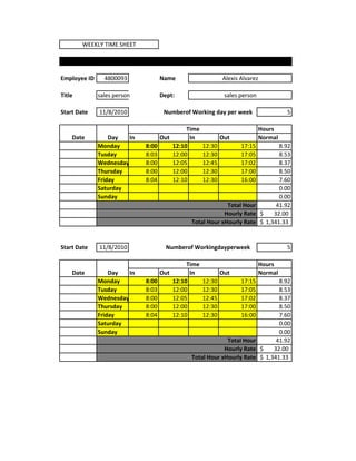 WEEKLY TIME SHEET




Employee ID     4800093             Name                      Alexis Alvarez

Title         sales person          Dept:                      sales person

Start Date    11/8/2010              Numberof Working day per week                     5

                                               Time                           Hours
    Date          Day   In          Out         In            Out             Normal
              Monday         8:00         12:10       12:30          17:15     8.92
              Tusday         8:03         12:00       12:30          17:05     8.53
              Wednesday      8:00         12:05       12:45          17:02     8.37
              Thursday       8:00         12:00       12:30          17:00     8.50
              Friday         8:04         12:10       12:30          16:00     7.60
              Saturday                                                         0.00
              Sunday                                                           0.00
                                                             Total Hour       41.92
                                                            Hourly Rate $    32.00
                                                Total Hour xHourly Rate $ 1,341.33


Start Date    11/8/2010               Numberof Workingdayperweek                       5

                                               Time                           Hours
    Date          Day   In          Out         In            Out             Normal
              Monday         8:00         12:10       12:30          17:15     8.92
              Tusday         8:03         12:00       12:30          17:05     8.53
              Wednesday      8:00         12:05       12:45          17:02     8.37
              Thursday       8:00         12:00       12:30          17:00     8.50
              Friday         8:04         12:10       12:30          16:00     7.60
              Saturday                                                         0.00
              Sunday                                                           0.00
                                                             Total Hour       41.92
                                                            Hourly Rate $    32.00
                                                Total Hour xHourly Rate $ 1,341.33
 