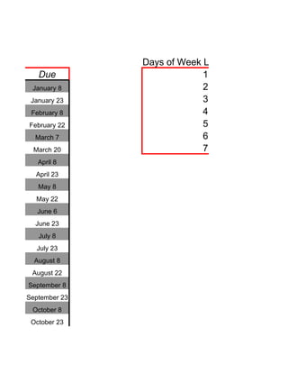 Days of Week Look Up Table
   Due                      1
 January 8                  2
 January 23                 3
 February 8                 4
February 22                 5
  March 7                   6
  March 20                  7
   April 8
  April 23
   May 8
  May 22
   June 6
  June 23
   July 8
  July 23
  August 8
 August 22
September 8
September 23
 October 8
 October 23
 