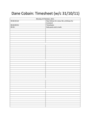 Dane Cobain: Timesheet (w/c 31/10/11)
              Monday 31stOctober, 2011
09:00-09:20                New follows for colour B4, unfollows for
                           EcoIsland
09:20-09:35                Timesheets
09:35-                     Daily posts and e-mails
 