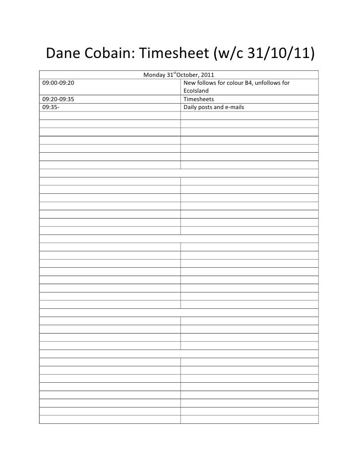 time sheet week beginning 31st october 2011