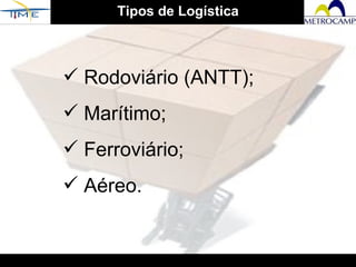 Tipos de Logística Rodoviário (ANTT); Marítimo; Ferroviário; Aéreo. 