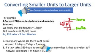 Converting Smaller Units to Larger Units
For Example
1.Convert 220 minutes to hours and minutes.
Solution:
We know that 60 minutes = 1 hour
220 minutes = (220/60) hours
So, 220 mins = 3 hrs. 40 mins
2. How many weeks are there in 21 days?
Answer: 21 days ÷ 7 days = 3 weeks
3. If a task takes 360 hours to complete, how many days is that equivalent to?
Answer: 360 hours ÷ 24 hours = 15 days
Note: To convert smaller units to larger units, we divide .
 