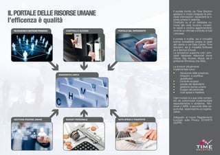 ILPORTALEDELLERISORSEUMANE
l’efficenza è qualità
Il portale fornito da Time Solution
gestisce in modo integrato le prin-
cipali informazioni riguardanti le ri-
sorse umane in azienda.
Costituito su di un database co-
mune alle varie funzioni, consen-
te rapidi e continui aggiornamenti,
nonché un ottimale controllo di tutti
i processi.
Il portale è fruibile, sia in modalità
licenza (installabile presso la sede
del cliente o nel Data Center Time
Solution), sia in modalità Software
as a Service (Cloud).
La procedura supporta tutti i prin-
cipali database relazionali come
Oracle, Sql, Access, Mysql, sia in
ambiente Windows che Web.
Le funzioni attualmente
implementate sono:
•	 rilevazione delle presenze,
	 infopoint e workflow
	giustificativi
•	 controllo accessi
•	 portale dei dipendenti
•	 gestione risorse umane
•	 budget del personale
•	 nota spese e trasferte
Ogni modulo è a sua volta compo-
sto da sottomoduli implementabili
separatamente in ambiente Win-
dows o WEB, a seconda delle op-
portunità sistemistiche od organiz-
zative.
Adeguato al nuovo Regolamento
Europeo sulla Privacy 2016/679
(GDPR).
ANAGRAFICA UNICA
RILEVAZIONEEGESTIONEPRESENZE PORTALE DEL DIPENDENTECONTROLLO ACCESSI
GESTIONE RISORSE UMANE NOTA SPESE E TRASFERTEBUDGET PERSONALE
 