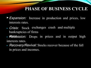 Expansion: Increase in production and prices, low
interests rates.
 Crisis: Stock exchanges crash and multiple
bankruptcies of firms
occur. Recession: Drops
interests rates.
in prices and in output high
 Recovery/Revival: Stocks recover because of the fall
in prices and incomes.
PHASE OF BUSINESS CYCLE
 