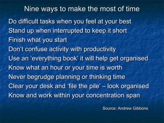 NNiinnee wwaayyss ttoo mmaakkee tthhee mmoosstt ooff ttiimmee 
DDoo ddiiffffiiccuulltt ttaasskkss wwhheenn yyoouu ffeeeell aatt yyoouurr bbeesstt 
SSttaanndd uupp wwhheenn iinntteerrrruupptteedd ttoo kkeeeepp iitt sshhoorrtt 
FFiinniisshh wwhhaatt yyoouu ssttaarrtt 
DDoonn’’tt ccoonnffuussee aaccttiivviittyy wwiitthh pprroodduuccttiivviittyy 
UUssee aann ‘‘eevveerryytthhiinngg bbooookk’’ iitt wwiillll hheellpp ggeett oorrggaanniisseedd 
KKnnooww wwhhaatt aann hhoouurr oorr yyoouurr ttiimmee iiss wwoorrtthh 
NNeevveerr bbeeggrruuddggee ppllaannnniinngg oorr tthhiinnkkiinngg ttiimmee 
CClleeaarr yyoouurr ddeesskk aanndd ‘‘ffiillee tthhee ppiillee’’ –– llooookk oorrggaanniisseedd 
KKnnooww aanndd wwoorrkk wwiitthhiinn yyoouurr ccoonncceennttrraattiioonn ssppaann 
SSoouurrccee:: AAnnddrreeww GGiibbbboonnss 
 