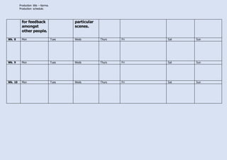 Production title – Karma.
Production schedule.
for feedback
amongst
other people.
particular
scenes.
Wk. 8 Mon Tues Weds Thurs Fri Sat Sun
Wk. 9 Mon Tues Weds Thurs Fri Sat Sun
Wk. 10 Mon Tues Weds Thurs Fri Sat Sun
 