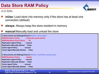Data Store RAM Policy   C:\Documents and Settings\ChenLi> ttadmin -query tttest RAM Residence Policy  : inUse plus grace period RAM Residence Grace (Secs)  : 30 Replication Agent Policy  : manual Replication Manually Started  : False Cache Agent Policy  : manual Cache Agent Manually Started  : False C:\Documents and Settings\ChenLi> ttAdmin -ramPolicy always tttest RAM Residence Policy  : always Replication Agent Policy  : manual Replication Manually Started  : False Cache Agent Policy  : manual Cache Agent Manually Started  : False ڴԣ inUse:  Load store into memory only if the store has at least one connection (default) always : Always keep the store resident in memory manual :Manually load and unload the store 