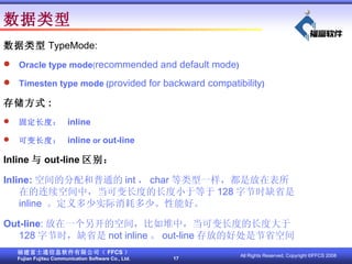     TypeMode: Oracle type mode ( recommended and default mode ) Timesten type mode  ( provided for backward compatibility ) 洢ʽ : ̶ȣ  inline ɱ䳤ȣ  inline  or  out-line Inline  out-line  Inline: ռķͨ int  char һǷڱڵռУɱ䳤ȵĳСڵ 128 ֽʱȱʡ inline  ʵĶ١ܺá Out-line : һĿռ䣬Уɱ䳤ȵĳȴ 128 ֽʱȱʡ not inline  out-line ŵĺôǽʡռ䡣 