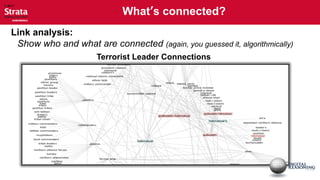  What’s connected?
Link analysis:
 Show who and what are connected (again, you guessed it, algorithmically)
                      Terrorist Leader Connections
 