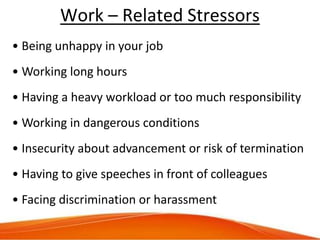 Work – Related Stressors
• Being unhappy in your job
• Working long hours
• Having a heavy workload or too much responsibi...
