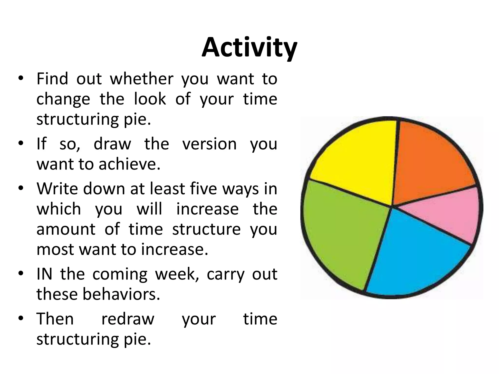 Activity
• Make a time structuring
pie chart.
• To do this, draw a circle.
• Divide the circle into slices
representing the amounts
of your typical waking day
that you spend in the six
different form of time
structuring.
 