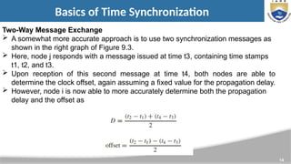 14
Basics of Time Synchronization
Two-Way Message Exchange
 A somewhat more accurate approach is to use two synchronization messages as
shown in the right graph of Figure 9.3.
 Here, node j responds with a message issued at time t3, containing time stamps
t1, t2, and t3.
 Upon reception of this second message at time t4, both nodes are able to
determine the clock offset, again assuming a fixed value for the propagation delay.
 However, node i is now able to more accurately determine both the propagation
delay and the offset as
 