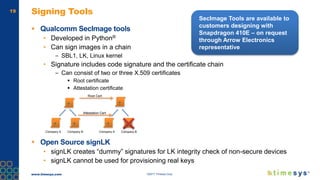 www.timesys.com ©2017 Timesys Corp.
19 Signing Tools
 Qualcomm SecImage tools
• Developed in Python®
• Can sign images in a chain
– SBL1, LK, Linux kernel
• Signature includes code signature and the certificate chain
– Can consist of two or three X.509 certificates
 Root certificate
 Attestation certificate
 Open Source signLK
• signLK creates “dummy” signatures for LK integrity check of non-secure devices
• signLK cannot be used for provisioning real keys
Company A Company B Company A Company B
Root Cert
Attestation Cert
SecImage Tools are available to
customers designing with
Snapdragon 410E – on request
through Arrow Electronics
representative
 
