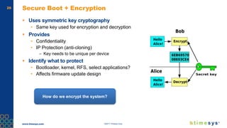 www.timesys.com ©2017 Timesys Corp.
26 Secure Boot + Encryption
 Uses symmetric key cryptography
• Same key used for encryption and decryption
 Provides
• Confidentiality
• IP Protection (anti-cloning)
– Key needs to be unique per device
 Identify what to protect
• Bootloader, kernel, RFS, select applications?
• Affects firmware update design
How do we encrypt the system?
 