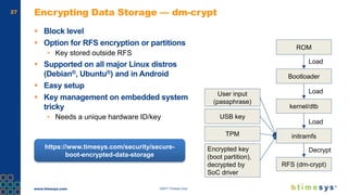 www.timesys.com ©2017 Timesys Corp.
27 Encrypting Data Storage — dm-crypt
 Block level
 Option for RFS encryption or partitions
• Key stored outside RFS
 Supported on all major Linux distros
(Debian®, Ubuntu®) and in Android
 Easy setup
 Key management on embedded system
tricky
• Needs a unique hardware ID/key
ROM
Bootloader
kernel/dtb
Load
Load
initramfs
Load
RFS (dm-crypt)
Decrypt
User input
(passphrase)
USB key
TPM
Encrypted key
(boot partition),
decrypted by
SoC driver
https://www.timesys.com/security/secure-
boot-encrypted-data-storage
 