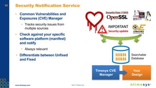 www.timesys.com ©2017 Timesys Corp.
32 Security Notification Service
▪ Common Vulnerabilities and
Exposures (CVE) Manager
• Tracks security issues from
multiple sources
▪ Check against your specific
software platform (manifest)
and notify
• Always relevant
• Differentiate between Unfixed
and Fixed
Searchable
Database
Your
Design
Timesys CVE
Manager
 