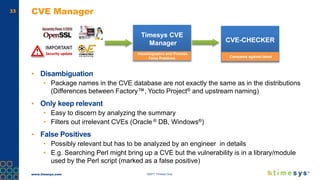 www.timesys.com ©2017 Timesys Corp.
33 CVE Manager
▪ Disambiguation
• Package names in the CVE database are not exactly the same as in the distributions
(Differences between Factory™, Yocto Project® and upstream naming)
▪ Only keep relevant
• Easy to discern by analyzing the summary
• Filters out irrelevant CVEs (Oracle ® DB, Windows®)
▪ False Positives
• Possibly relevant but has to be analyzed by an engineer in details
• E.g. Searching Perl might bring up a CVE but the vulnerability is in a library/module
used by the Perl script (marked as a false positive)
Timesys CVE
Manager
disambiguation and Process
False Positives
CVE-CHECKER
Campares against latest
 