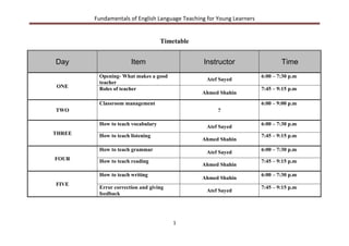 Fundamentals of English Language Teaching for Young Learners


                                   Timetable


Day                   Item                      Instructor                     Time
         Opening- What makes a good                                    6:00 – 7:30 p.m
                                                  Atef Sayed
         teacher
ONE      Roles of teacher                                              7:45 – 9:15 p.m
                                                Ahmed Shahin
         Classroom management                                          6:00 – 9:00 p.m
TWO                                                   ?

         How to teach vocabulary                                       6:00 – 7:30 p.m
                                                  Atef Sayed
THREE    How to teach listening                                        7:45 – 9:15 p.m
                                                Ahmed Shahin
         How to teach grammar                     Atef Sayed           6:00 – 7:30 p.m
FOUR     How to teach reading                                          7:45 – 9:15 p.m
                                                Ahmed Shahin
         How to teach writing                                          6:00 – 7:30 p.m
                                                Ahmed Shahin
FIVE
         Error correction and giving                                   7:45 – 9:15 p.m
                                                  Atef Sayed
         feedback




                                       1
 
