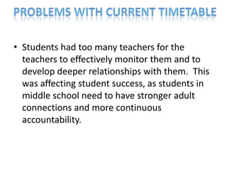 • Students had too many teachers for the
  teachers to effectively monitor them and to
  develop deeper relationships with them. This
  was affecting student success, as students in
  middle school need to have stronger adult
  connections and more continuous
  accountability.
 