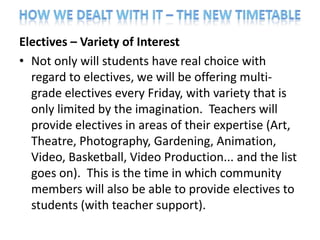Electives – Variety of Interest
• Not only will students have real choice with
  regard to electives, we will be offering multi-
  grade electives every Friday, with variety that is
  only limited by the imagination. Teachers will
  provide electives in areas of their expertise (Art,
  Theatre, Photography, Gardening, Animation,
  Video, Basketball, Video Production... and the list
  goes on). This is the time in which community
  members will also be able to provide electives to
  students (with teacher support).
 