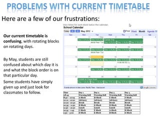 Here are a few of our frustrations:

Our current timetable is
confusing, with rotating blocks
on rotating days.

By May, students are still
confused about which day it is
and what the block order is on
that particular day.
Some students have simply
given up and just look for
classmates to follow.
 