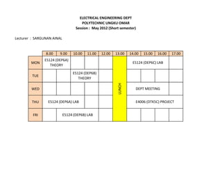 ELECTRICAL ENGINEERING DEPT
                                       POLYTECHNIC UNGKU OMAR
                                   Session : May 2012 (Short semester)

Lecturer : SARGUNAN AINAL


                8.00   9.00       10.00   11.00   12.00   13.00    14.00   15.00   16.00   17.00
               E5124 (DEP6A)
        MON                                                         E5124 (DEP6C) LAB
                  THEORY

                                 E5124 (DEP6B)
         TUE
                                    THEORY




                                                           LUNCH
        WED                                                           DEPT MEETING


         THU     E5124 (DEP6A) LAB                                    E4006 (DTK5C) PROJECT


         FRI                E5124 (DEP6B) LAB
 