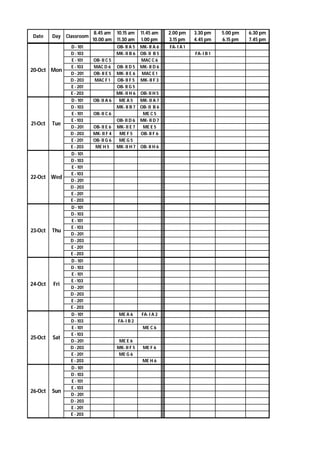 Date Day Classroom
8.45 am
10.00 am
10.15 am
11.30 am
11.45 am
1.00 pm
2.00 pm
3.15 pm
3.30 pm
4.45 pm
5.00 pm
6.15 pm
6.30 pm
7.45 pm
D - 101 OB- II A 5 MK- II A 6 FA- I A 1
D - 103 MK- II B 6 OB- II B 5 FA- I B 1
E - 101 OB- II C 5 MAC C 6
E - 103 MAC D 6 OB- II D 5 MK- II D 6
D - 201 OB- II E 5 MK- II E 6 MAC E 1
D - 203 MAC F 1 OB- II F 5 MK- II F 3
E - 201 OB- II G 5
E - 203 MK- II H 6 OB- II H 5
D - 101 OB- II A 6 ME A 5 MK- II A 7
D - 103 MK- II B 7 OB- II B 6
E - 101 OB- II C 6 ME C 5
E - 103 OB- II D 6 MK- II D 7
D - 201 OB- II E 6 MK- II E 7 ME E 5
D - 203 MK- II F 4 ME F 5 OB- II F 6
E - 201 OB- II G 6 ME G 5
E - 203 ME H 5 MK- II H 7 OB- II H 6
D - 101
D - 103
E - 101
E - 103
D - 201
D - 203
E - 201
E - 203
D - 101
D - 103
E - 101
E - 103
D - 201
D - 203
E - 201
E - 203
D - 101
D - 103
E - 101
E - 103
D - 201
D - 203
E - 201
E - 203
D - 101 ME A 6 FA- I A 2
D - 103 FA- I B 2
E - 101 ME C 6
E - 103
D - 201 ME E 6
D - 203 MK- II F 5 ME F 6
E - 201 ME G 6
E - 203 ME H 6
D - 101
D - 103
E - 101
E - 103
D - 201
D - 203
E - 201
E - 203
20-Oct Mon
21-Oct Tue
22-Oct Wed
26-Oct Sun
23-Oct Thu
24-Oct Fri
25-Oct Sat
 