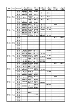 Date Day Classroom
8.45 am
10.00 am
10.15 am
11.30 am
11.45 am
1.00 pm
2.00 pm
3.15 pm
3.30 pm
4.45 pm
5.00 pm
6.15 pm
6.30 pm
7.45 pm
D - 101 OB- II A 11 BC A 5 BC A 6
D - 103 SM- I B 2 OB- II B 11 BC B 5 BC B 6
E - 101 OB- II C 11 BC C 5 BC C 6
E - 103 OB- II D 11 BC D 5 BC D 6
D - 201 BC E 5 BC E 6 OB- II E 11
D - 203 OB- II F 11 SM- I F 2 BC F 5 BC F 6
E - 201 BC G 5 BC G 6 OB- II G 11
E - 203 OB- II H 11 BC H 5 BC H 6
D - 101 OB- II A 12 FA- I A 8 MK- II A 11 ME A 11 SMOD
D - 103 MK- II B 11 OB- II B 12 FA- I B 8 ME B 12
E - 101 OB- II C 12 MK- II C 11 MAC C 9 FA- I C 6 ME C 11
E - 103 MK- II D 11 OB- II D 12 ME D 12 MAC D 9 FA- I D 6
D - 201 MK- II E 11 ME E 12 OB- II E 12
D - 203 MK- II F 11 OB- II F 12 ME F 12
E - 201 OB- II G 12 FA- I G 7 MK- II G 11 ME G 12
E - 203 OB- II H 12 FA- I H 7 MK- II H 11 ME H 12
D - 101 BE P 1 BE Q 1
D - 103
E - 101
E - 103
D - 201
D - 203
E - 201
E - 203
D - 101 FA- I A 9 SM- I A 2 MK- II A 12 MAC A 10
D - 103 MAC B 10 FA- I B 9 MK- II B 12
E - 101 MAC C 10 SM- I C 2 MK- II C 12 FA- I C 7
E - 103 MK- II D 12 SM- I D 2 MAC D 10 FA- I D 7
D - 201 FA- I E 7 MK- II E 12 SM- I E 2 MAC E 10
D - 203 FA- I F 7 MK- II F 12 MAC F 10
E - 201 SM- I G 2 MAC G 10 FA- I G 8 MK- II G 12
E - 203 SM- I H 2 FA- I H 8 MK- II H 12 MAC H 10
D - 101 MAC A 11 MK- II A 13 ME A 12 BE Q 2 BE P 2
D - 103 MK- II B 13 ME B 13 MAC B 11
E - 101 ME C 12 MAC C 11 MK- II C 13
E - 103 ME D 13 MK- II D 13 MAC D 11
D - 201 MK- II E 13 ME E 13 FA- I E 8
D - 203 ME F 13 MK- II F 13 FA- I F 8
E - 201 MAC G 11 MK- II G 13 ME G 13
E - 203 MK- II H 13 ME H 13 MAC H 11
D - 101 SM- I A 3 OB- II A 13 SMOD
D - 103 ME B 14 OB- II B 13
E - 101 OB- II C 13 SM- I C 3 MAC C 12
E - 103 MAC D 12 OB- II D 13 ME D 14
D - 201 MAC E 11 SM- I E 3 OB- II E 13
D - 203 MAC F 11 OB- II F 13
E - 201 OB- II G 13 MAC G 12 SM- I G 3
E - 203 OB- II H 13 MAC H 12
D - 101
D - 103
E - 101 FA- I C 8
E - 103 FA- I D 8
D - 201
D - 203
E - 201
E - 203
26-Nov Wed
27-Nov Thu
28-Nov Fri
24-Nov Mon
25-Nov Tue
29-Nov Sat
30-Nov Sun
 