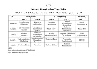 XITE
Internal Examination Time-Table
BBA, B. Com, & B. A. Eco. Semester 2 & 4 SEM / EXAM TIME: 9:50 AM-12:50 PM
DATE BBA(Hons) B. Com (Hons) B.A(Hons)
SEM - 2 SEM - 4 SEM - 2 SEM - 4 SEM - 2
09/09/21
Organisational
Behaviour
Research
Methodology
Corporate
Accounting
Cost and
Management
Accounting
Indian
Economics - 2
10/09/21
Environmental
Science
Management
Information
System
AECC - EVS
Business
Mathematics
& Statistics
AECC - EVs
11/09/21
Business
Statistics
Basics of
Management
Accounting
Macro
Economics GE-2
Computer Application
in Business
Micro
Economics - 2
13/09/21
Introduction to
Marketing
Fundamentals of
Operations
Research
Corporate Laws Personality
Development
HINDI
14/09/21 Business Ethics Taxation Business Ethics
Business
Mathematics
NOTE:
Exam to be conducted through OFLINE MODE
ONLY EXAMINATION CONTROLLER
 