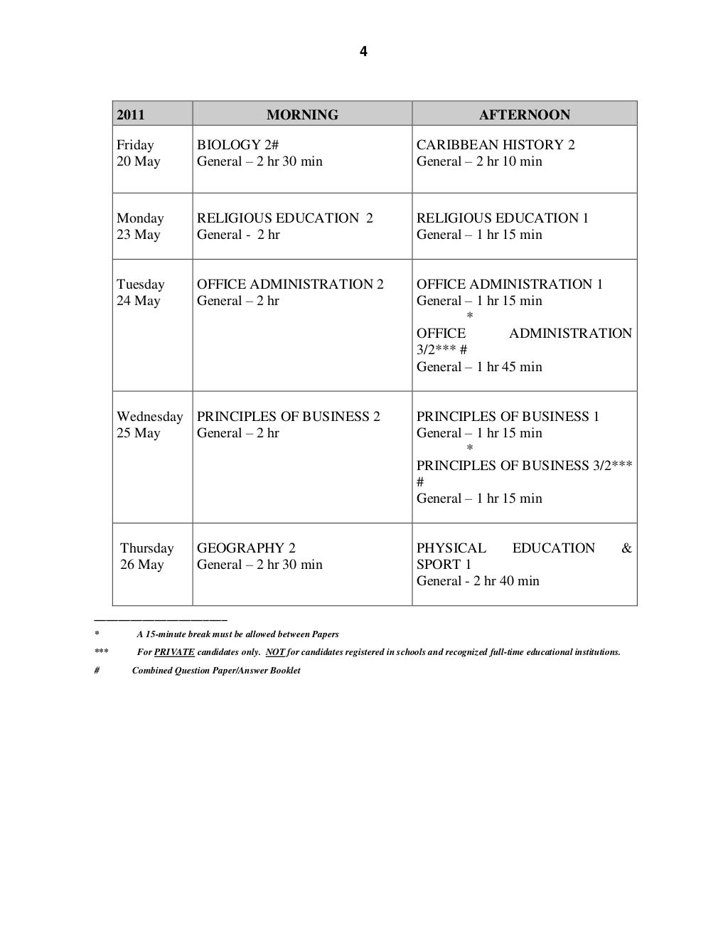 Timetable csec 2011 mayjun final a4 3 january 2011