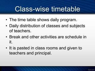 Class-wise timetable
• The time table shows daily program.
• Daily distribution of classes and subjects
of teachers.
• Break and other activities are schedule in
it.
• It is pasted in class rooms and given to
teachers and principal.
 