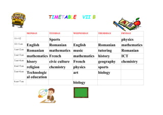 TIMETABLE             VII B


            MONDAY       TUESDAY         WEDNESDAY     THURSDAY    FRYDAY

11->12
                         Sports                                    physics
12->1.oo
            English      Romanian        English       Romanian    mathematics
1.oo>2.oo
            Romanian mathematics         music         tutoring    Romanian
2.oo>3.oo
            mathematics French           mathematics   history     ICT
3.oo>4.oo
            hisory       civic culture   French        geography   chemistry
4.oo>5.oo
            religion     chemistry       physics       sports
5.oo>6.oo
            Technologic                  art           biology
            al education
6.oo>7.oo
                                         biology
 