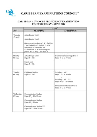 CARIBBEAN EXAMINATIONS COUNCIL®
CARIBBEAN ADVANCED PROFICIENCY EXAMINATION
TIMETABLE MAY – JUNE 2014
CAPE®
2014
Thursday
17 April

MORNING

AFTERNOON

Art & Design Unit 1
Art & Design Unit 2
Question papers (Papers 2 & 3 for Unit
1 and Papers 1 & 2 for Unit 2) to be
handed out to candidates for
Examinations to be held during the
period 12-21 May - See Note 3

Monday
05 May

Art & Design Unit 1
Paper 1 – 2 hr

Information Technology Unit 1
Paper 2 – 2 hr 30 min

French Unit 1
Paper 3 – 2 hr

Tuesday
06 May

Caribbean Studies
Paper 2 – 3 hr

Sociology Unit 2
Paper 1 – 1 hr 30 min
*
Sociology Unit 2 ***
Paper 03/2 – 1 hr 30 min
Environmental Science Unit 1
Paper 2 – 2 hr 30 min

Wednesday
07 May

Communication Studies
Paper 1A – 1 hr 15 min
*
Communication Studies
Paper 1B – 30 min
*
Communication Studies ***
Paper 03/2 – 1 hr 30 min

 