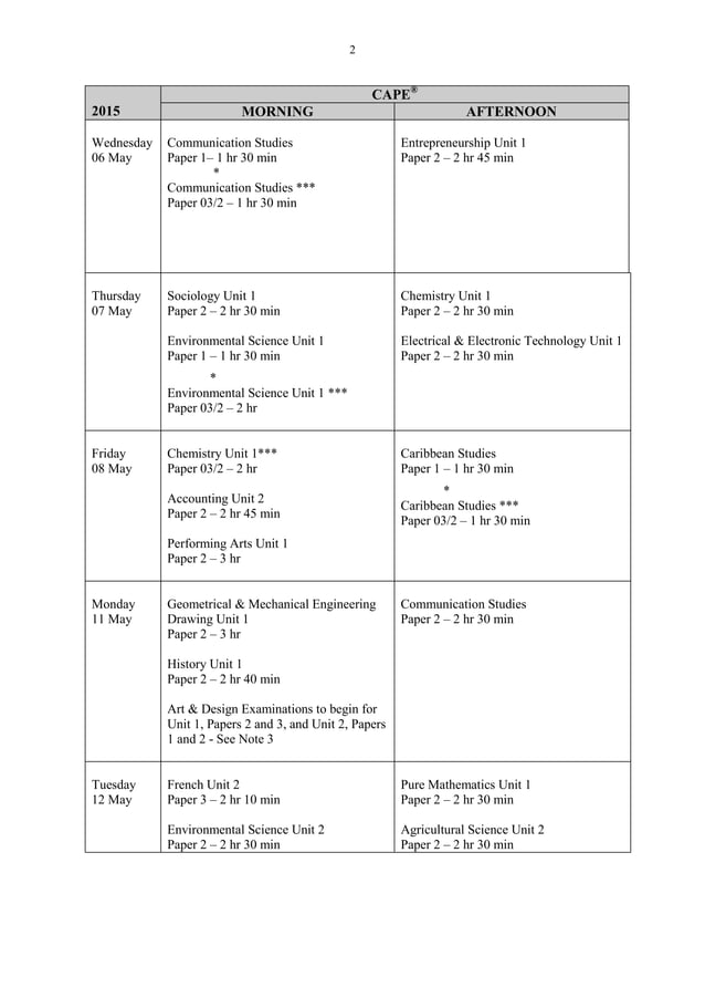Timetable CAPE may/june 2015 final PDF
