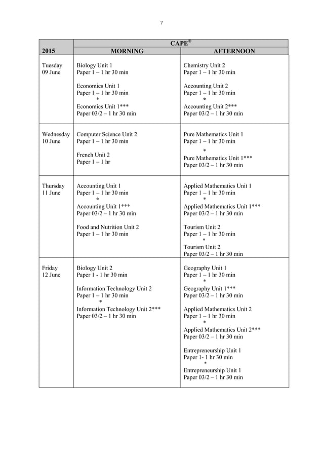 Timetable CAPE may/june 2015 final PDF