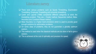 Literature survey
 There exist various problems such as Sports Timetabling, Examination
Timetabling, Employee Timetabling...