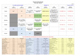 Satyawati College (Evening)
Time Table : 2023-24
Page No.: 5
B.A. (HONS.) POLITICAL SCIENCE SEMESTER - IV Room No. OLD 119
Periods
Zero
1:30 to 2:30
First
2.30 to 3.30
Second
3.30 to 4.30
Third
4.30 to 5.30
Fourth
5.30 to 6.30
Fifth
6.30 to 7.30
Sixth
7.30 to 8.30
Seventh
8.30 to 9.30
Monday VAC * VAC
Shiv Kr. Meena
Durgesh Verma GENERIC ELECTIVE
Tuesday VAC VAC AEC : Hindi : K M vats GENERIC ELECTIVE
Wednesday
Shiv Kr. Meena Deepika Agrawal
GENERIC ELECTIVE
Thursday
Shiv Kr. Meena
Durgesh Verma AEC : Hindi : K M vats
Deepika Agrawal
Friday SEC * SEC
Deepika Agrawal
Durgesh Verma
Saturday SEC SEC CLUSTER
DSE - 11 : Concepts in
Comparative Political
Analysis
[OLD 119]
DSE - 12 : Global Politics
[OLD 119]
DSE - 11 : Concepts in
Comparative Political
Analysis
[OLD 119]
DSE - 10 : : Public
Administration in India -
[OLD 119]
DSE - 11 : Concepts in
Comparative Political
Analysis
[OLD 119]
DSE - 12 : Global Politics
[OLD 119]
DSE - 10 : : Public
Administration in India -
[OLD 119]
DSE - 10 : : Public
Administration in India -
[OLD 119]
DSE - 12 : Global Politics
[OLD 119]
DSE 2(a): Gandhi and the
Contemporary World
[119]// DSE
2(b): : India's National Security:
Major Challenges and Strategic
Thinking (201)
DSE 2(a): Gandhi and the
Contemporary World
[119]// DSE
2(b): : India's National Security:
Major Challenges and Strategic
Thinking (201)
DSE 2(a): Gandhi and the
Contemporary World
[119]// DSE
2(b): : India's National Security:
Major Challenges and Strategic
Thinking (201)
Harshvardhan Arya
Sweta Basak
Harshvardhan Arya
Sweta Basak
Harshvardhan Arya
Sweta Basak
Tut: GENERIC - [G-1] Tut: GENERIC [G-2]
TUT - DSC - 10 - G1 TUT - DSC 10 - G2
TUT - DSC 11 - G1 TUT - DSC 11 - G2
TUT - DSC 12 - G 1 TUT - DSC 12- G2
TUT - DSE - G1 TUT - DSE - G2
TT
Note: Classes Marked with (*) sign against papers listed under VAC & SEC will start from 1:30 pm onwards.
VAC R. No. Teacher's Name SEC R. No. Teacher's Name Generic Electives R. No. Teacher's Name
Digital Empowernment LT - 02 Shivesh Social Media Marketing OLD 127 Meenal Basics of Organisational Behaviour OLD 118 Kanika Nagpal
Financial Literacy OLD 127 Sahil Innovation and Entrepreneurship OLD 118 Surya Prakash Rathi Personal Financial Planning OLD 127 Chandni Bisht
Emotional Intelligence OLD 112 YTA E - Tourism OLD 116 YTA Sectoral Issues in Indian Economy OLD 113 YTA
Social and Emotional Learning OLD 116 YTA Personal Financial Planning OLD 112 YTA Public Finance In India OLD 116 YTA
Reading Indian Fiction in
English
NAB 205 Kiran [2:30] M,T + Savita [3:30] M
Personality Development and
Communication
NAB 201
Yumnum [F] + Nilakshi [S]
(3:30)+YTA [S] (2:30)
Contemporary India: Women and
Empowerment
NAB 203 Rupali[M,W)// Anukriti[T]
The Art of Being Happy NAB 201 Business Communication NAB 205 Individual & Society NAB 205 Yumnum Rocky [M,T,W] (5:30)
Science and Society OLD 112 Dr. Babita Singh Environmental Auditing LT - 02 YTA Environment and Society OLD 211
साहित्य संस्कृ ति और सिनेमा OLD 204 Dr. Manorma Mishra पटकथा लेखन OLD 204 Dr. Manoma [F], Dr. Niranjan ब्लॉग लेखन OLD 204 Dr. Medhga / Dr. Ashutosh [W]
भारतीय भक्ति परम्परा OLD 118 Mr. Deepanshu Pathak रंगमंच OLD 112 DR. Manoma [F], Dr. Niranjan हिंदी भाषा और विज्ञानपन OLD 212 Dr. KM Vats
OLD 216 YTA Reading the Archive OLD 216 YTA OLD 216 YTA
Ethics and Culture OLD 114 YTA Museum and Museology OLD 114 YTA Climate change and Human History OLD 205 YTA
Vedic Mathematics-III NAB 202 YTA Statistics with R COMPUTER LAB 1 Dr. Manoj Kumar Elements of Analysis NAB 202 YTA
Vedic Mathematics-IV NAB 203 Dr. Manoj Kumar Essentials of Python NAB 202 Mr. Amit Kumar Linear Programming OLD 202 Dr. Naresh Kumar
Ayurveda and Nutrition OLD 115 Life Skill Education OLD 115 Politics of Globalizations OLD 119
Panchkosha: Holistic
Development of Personality
OLD 119
Cyber Sphere and Security: Global
Concern
OLD 119 Introduction to Public Policy OLD 115
Sports for Life SPORTS ROOM Kunal Kumar Organic Farming SPORTS ROOM Kunal Kumar
Ethics and Values in Ancient
Indian Traditions
Religious tradition in the Indian
Subcontinent
Anukriti [M] + Rameshwar [T] (2:30, 3:30) Nilakshi [F] (2:30) + Nilza [S] (2:30, 3:30)
Dr. Sandeep M[5:30- 7:30]// Dr. Babita
T W [5:30 - 7:30]
Lokesh Kumar Harsh Raj Durgesh Verma
Sharvender Harshvardhan Arya Deepika Agrawal
 
