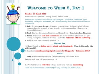 WELCOME TO WEEK 5, DAY 1
Monday, O1 March 2010
Timetable and Overview... Recap on last week's tasks.
Provide unit overview and discuss key concepts. Talk about timetables (ppt)
stationery, clear files , notebooks for 1-1 conferencing and share time tomorrow (5
volunteers)
1. Bait. Revisit group T-chart, Rules as expectations – Reframe...what rules or
   expectations do we need to have in order to be successful as e-Learners at
   Putauaki Primary?
2. Cast. Discuss Movement, Exercise and Brain Gym. Complete class Fishbone
3. Feast. Introduce task self assessment for paper portfolio (Minimum of1 per
   week). Complete and have checked – C3b4Me. Print and add file to Weebly
4. Keep on task time – Whaea Jeanette 1:1
                                     Morning Tea
 5. Reel. Complete Online survey check and storyboards. What is life really like
at Putauaki?
6. Introduce recording using digital camera for blog posts – Extension ONLY
                                         Lunch
7.Cast. Weebly Management THEN complete any unfinished work.
Keep on task time – Whaea Jeanette 1:1


8. Feast: Introduce reflection set up, music and starters- Journalling.
Give out invitations to e-Learners Open Day Tuesday 09 March 2010
 