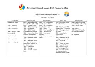 Agrupamento de Escolas José Carlos da Maia


                                                 COMENIUS PROJECT LIVING BY THE SEA
                                                              TIME TABLE (TEACHERS)

         Tuesday 23rd            Wednesday 24th                    Thursday 25th                    Friday 26th                      Saturday 27th
Arrival at the Airport:   09:30 – Departure to Olhão        09:00 – Bus trip to Silves –   10:15 – First Danish group        09:30 – Departure to Olhão
                          (bus will collect at the hotel)   departure from Olhão           returns to Denmark                (bus will collect at the hotel)
13:35 – Ireland (3)       09:50 – Arrival at school         09:30 – Bus trip to Silves –                                     10:00 – Tour of Olhão
                          10:00 – Official welcoming        departure from Faro            09:30 – Departure to Olhão
15:30 – France (14)       11:00 – Coffee break              12:30 – Lunch                  (bus will collect at the hotel)   13:30 – Lunch
                          11:30 – 12:00 – Tour of           13:45 – Departure to Sagres    10:00 – Meeting to discuss        15:00 – Return to Faro (bus
16:40 – Denmark (5) and   school and school grounds         15:00 – Sagres Fortress        the project                       will collect at restaurant)
Guadeloupe (2)            12:00 – Teachers visit classes    16:00 – Departure to           12:00 – Concert by the
                          that have adopted their           Albufeira                      school children                   End of meeting
19:15 – Latvia (6)        countries                         18:15 – Return to Faro and     13:30 – Lunch
                          12:45 – Portuguese lesson         Olhão                          15:00 – Boat trip to Ilha do
20:00 – Iceland (2)       13:30 – Lunch                                                    Farol (lighthouse island)
                          14:15 – Meeting to discuss                                       16:00 – Visit to the
22:35 – Greece (11)       the project – 2 teachers from                                    lighthouse
                          each country; free time for                                      17:00 – Tour of the island
                          the other teachers                                               18:00 – Return to Olhão
                          15:30 – Coffee break                                             20:00 – Dinner at school
                          16:00 – Meeting                                                  with the hosting families
                          17:42 – Return to Faro (by                                       22:00 – Return to Faro (bus
                          train)                                                           will collect at school) or
                                                                                           Informal socializing in Town
 
