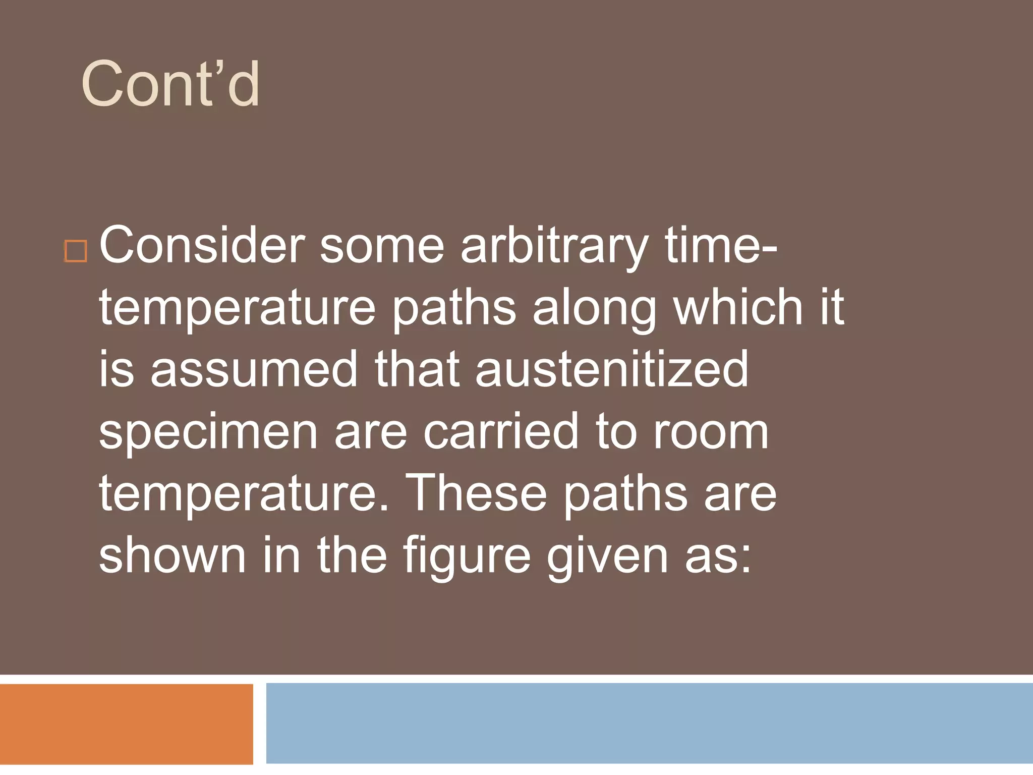Cont’d
 Consider some arbitrary time-
temperature paths along which it
is assumed that austenitized
specimen are carried to room
temperature. These paths are
shown in the figure given as:
 